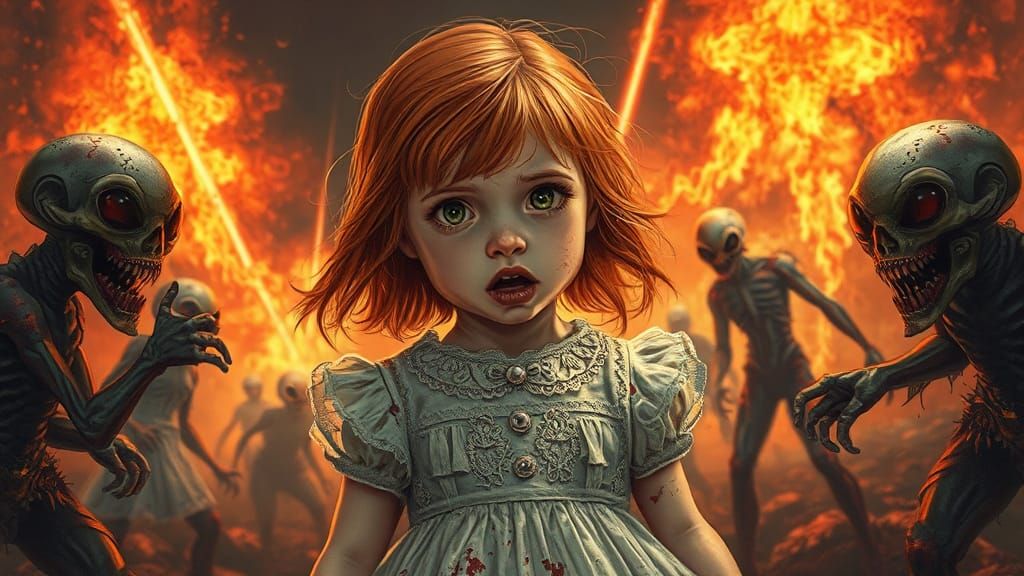 Fiery War Zone Nightmare: Girl in Victorian Dress