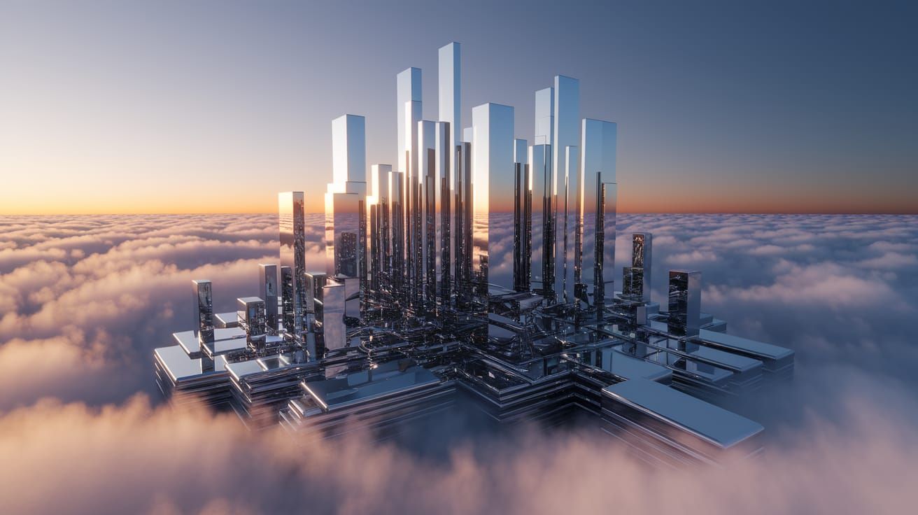 Glowing Chrome Metropolis Ascends into the Misty Night Sky