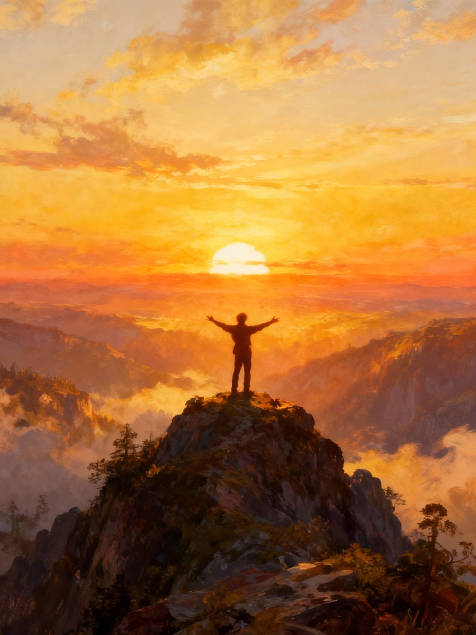 Sunrise Over Mountains: Golden Light and Embracing Figure