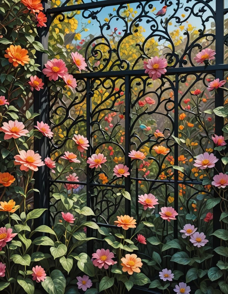 Hyperrealistic Blooming Garden with Black Lattice