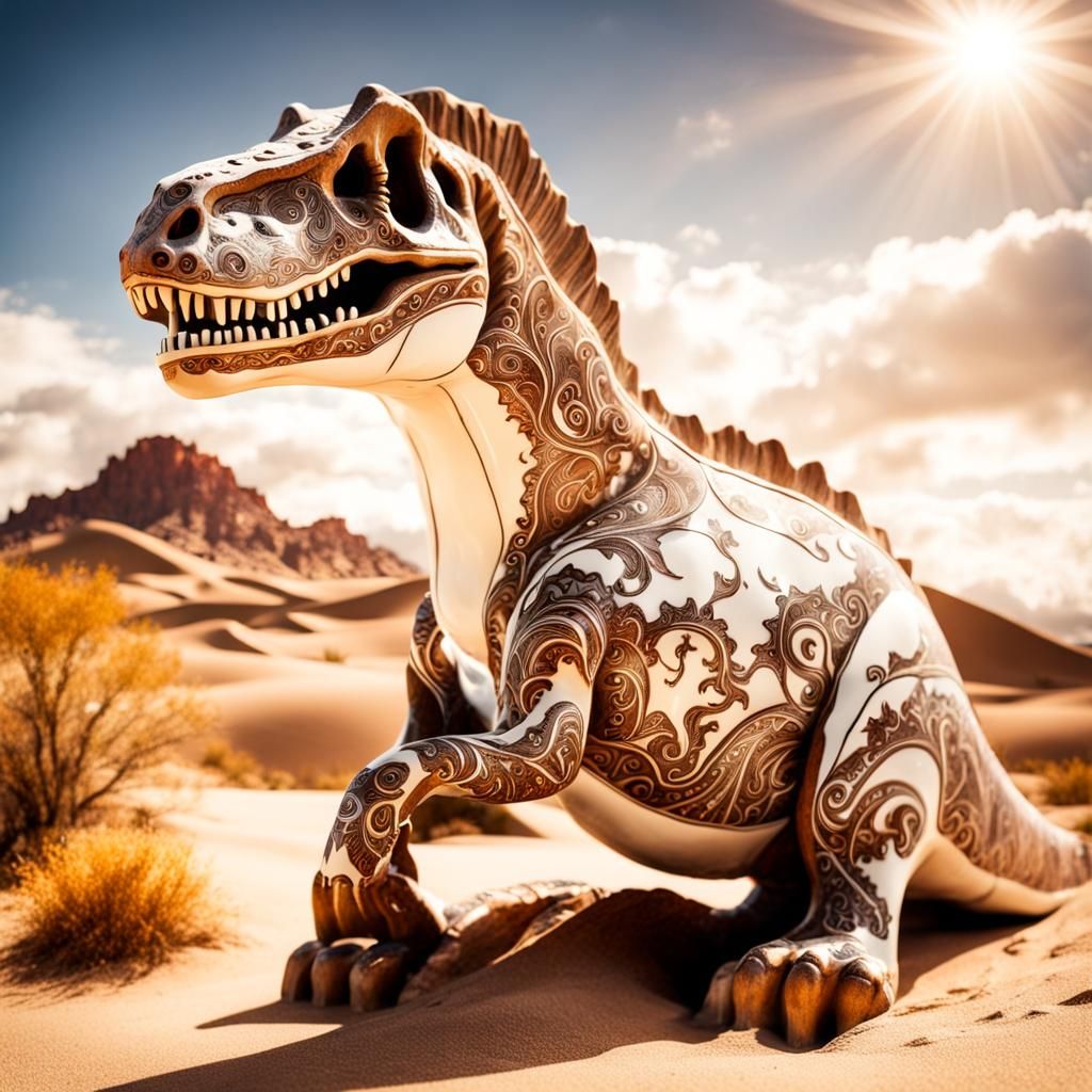Cracked Porcelain T-Rex Figurine in Desert