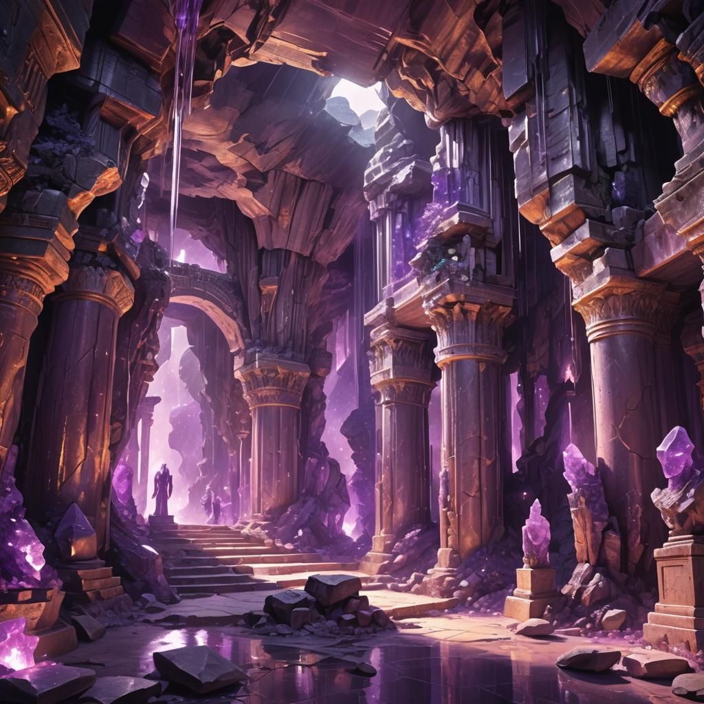 Mystical Amethyst Cave with Ancient Statues