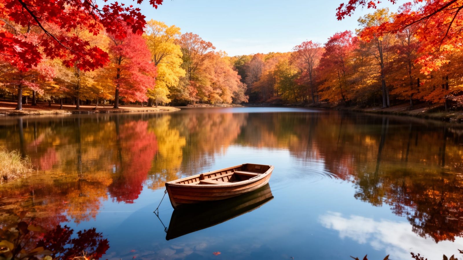 Hyperrealistic Autumn Lake with Wooden Boat