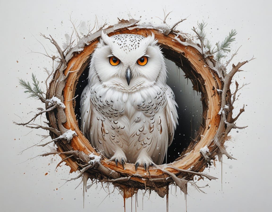 White Owl with Orange Eyes in Snowy Tree Hollow