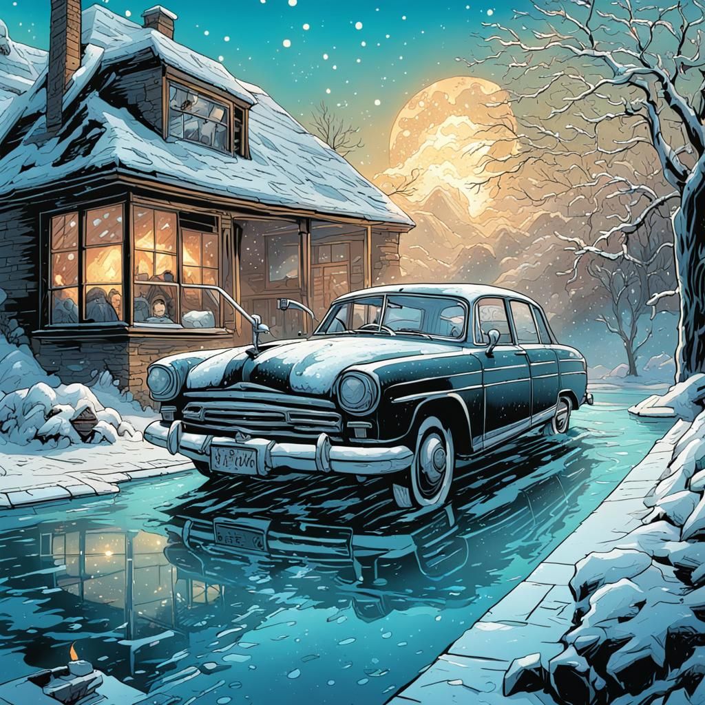 Icy Spring Swimming Pool with Burning Car, Comic Art
