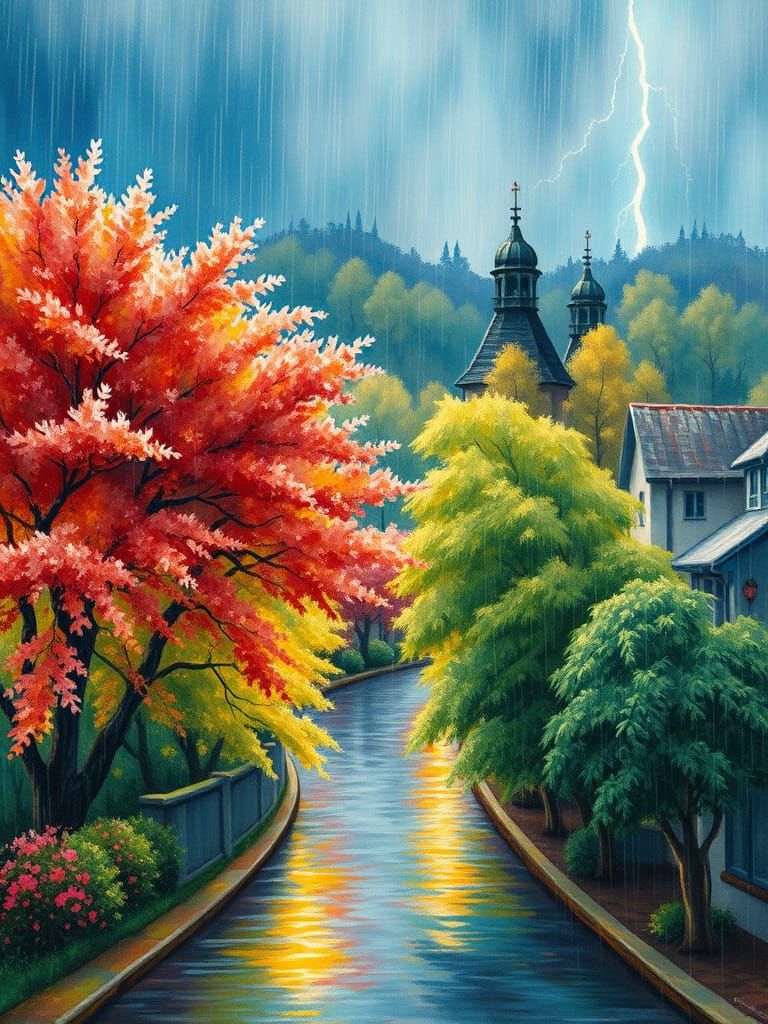 Rainy Village in Impressionistic Watercolor Style