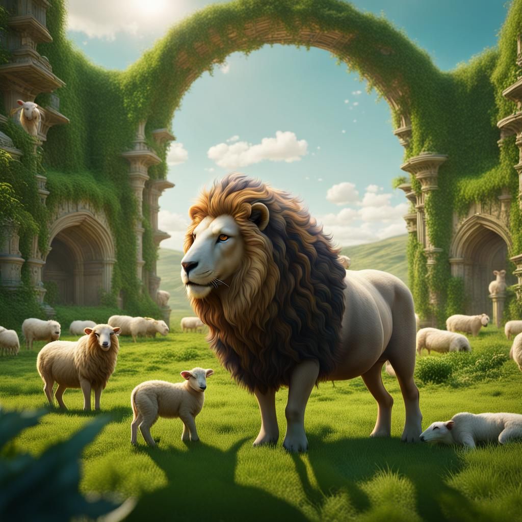 Utopian Pasture: Lion and Sheep in Harmony