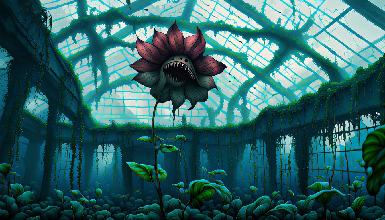 Monstrous Flower Blooms in Decaying Greenhouse