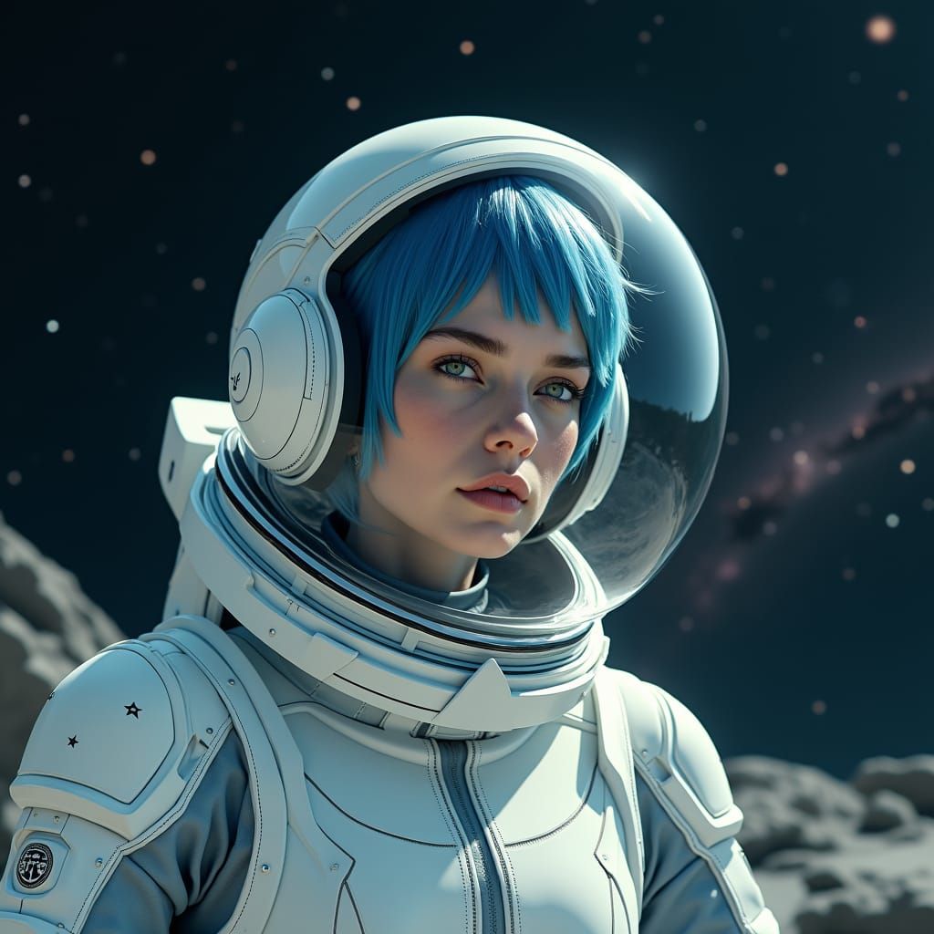 Woman in Futuristic Spacesuit Floating in Space