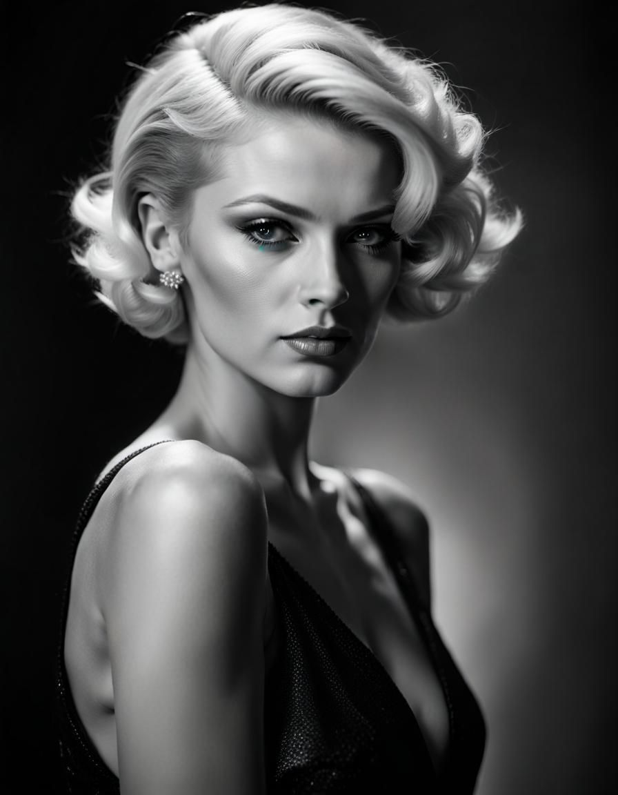 Ethereal Black and White Glamour Portrait in 1950s Hollywood...