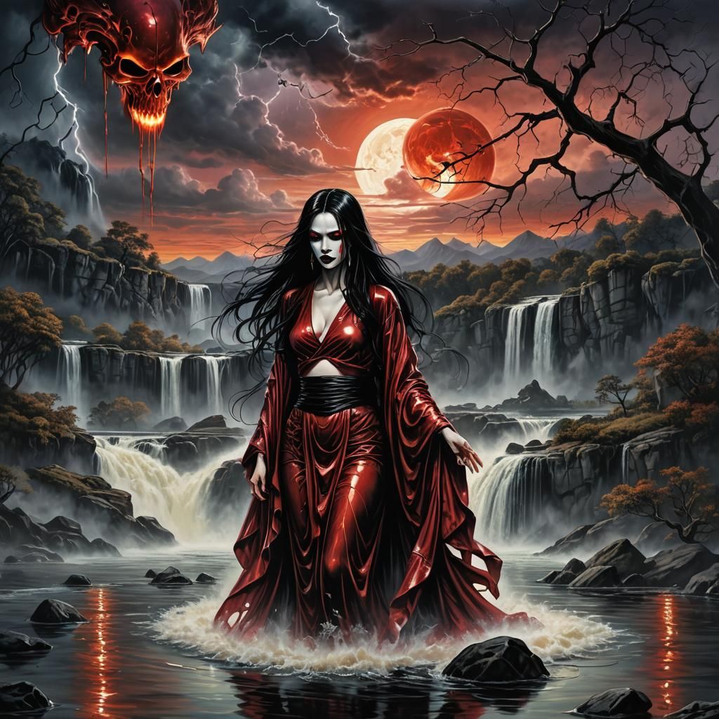 Burning Sky: Japanese Woman in Giger-Inspired Pinup Art