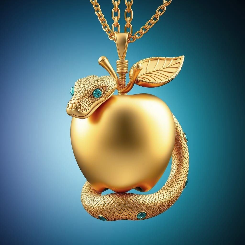 Luxurious Golden Apple Pendant with Emerald Snake