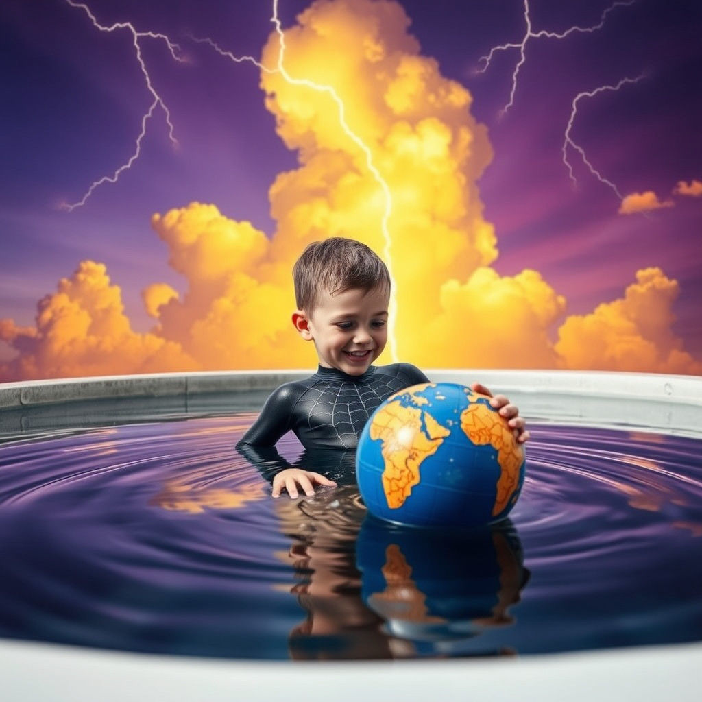 Boy Swims in Well Under Surreal Sky