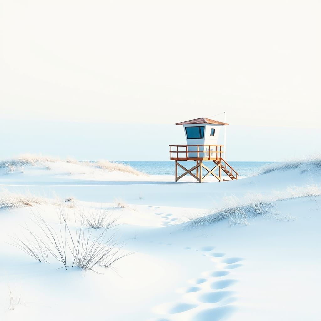 "A winter beach scene with dunes covered in frost, a lifeguard tower standing alone, depicted in minimalist Japanese uki...