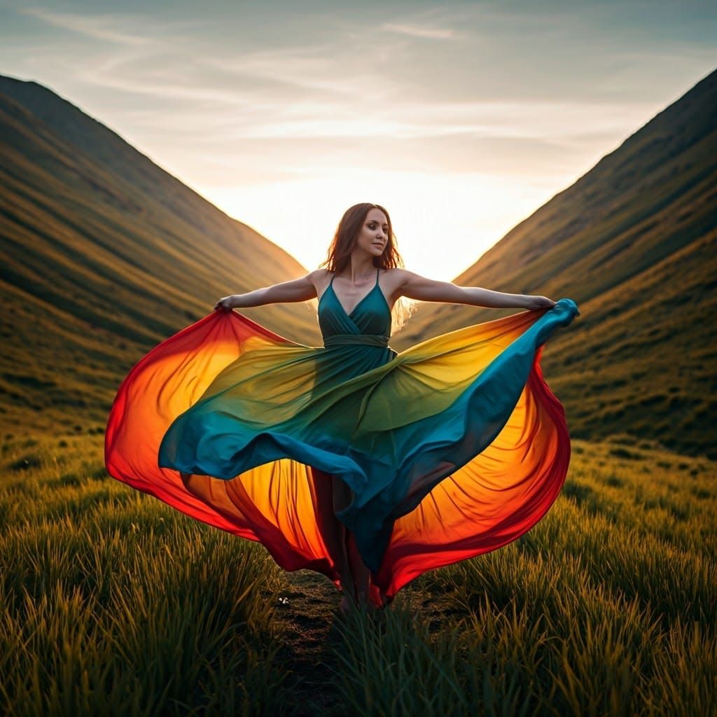 Ethereal Woman Dances in Vibrant Rainbow Dress