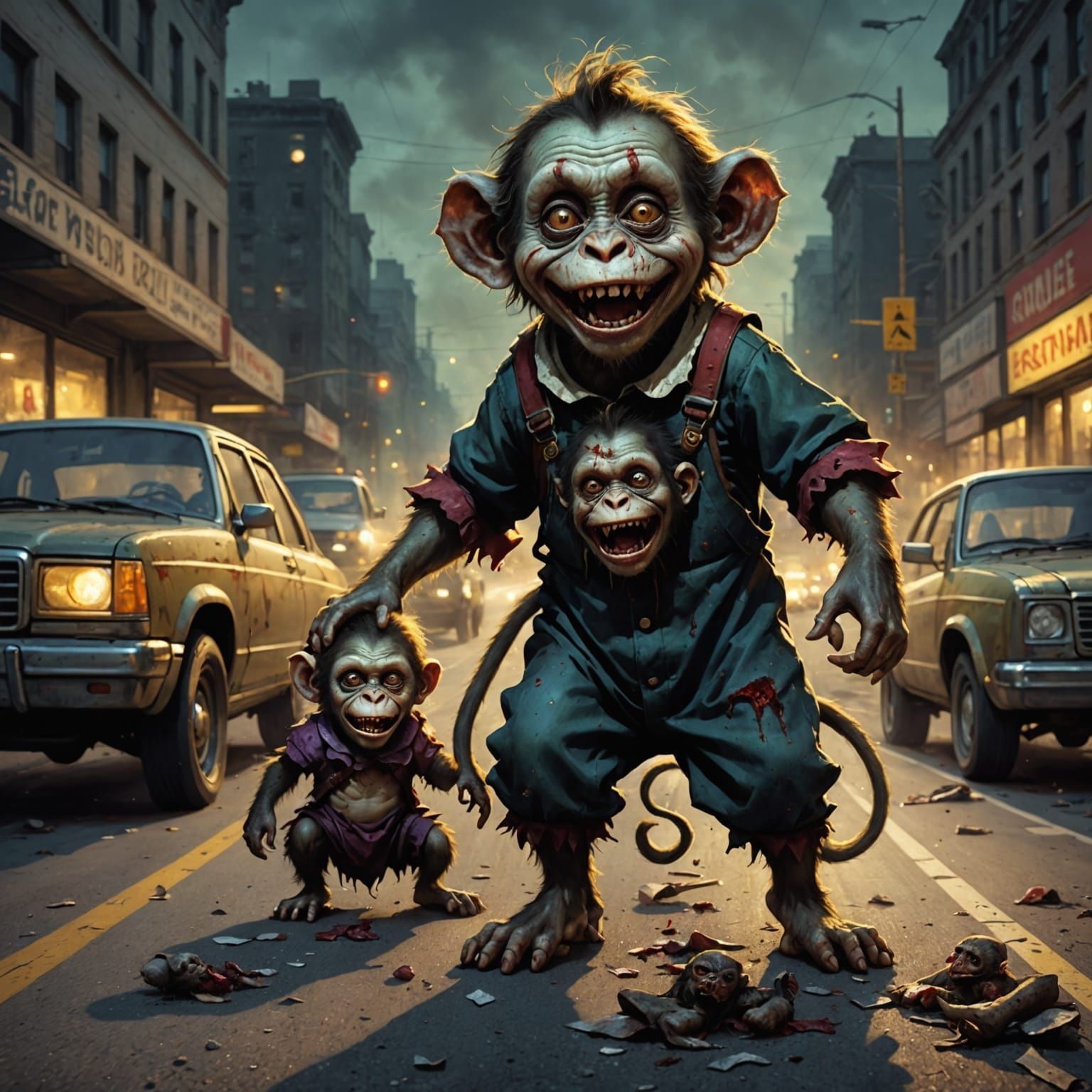 Monstrous Toddlers Feast on Roadkill in Cyberpunk Urban Nigh...