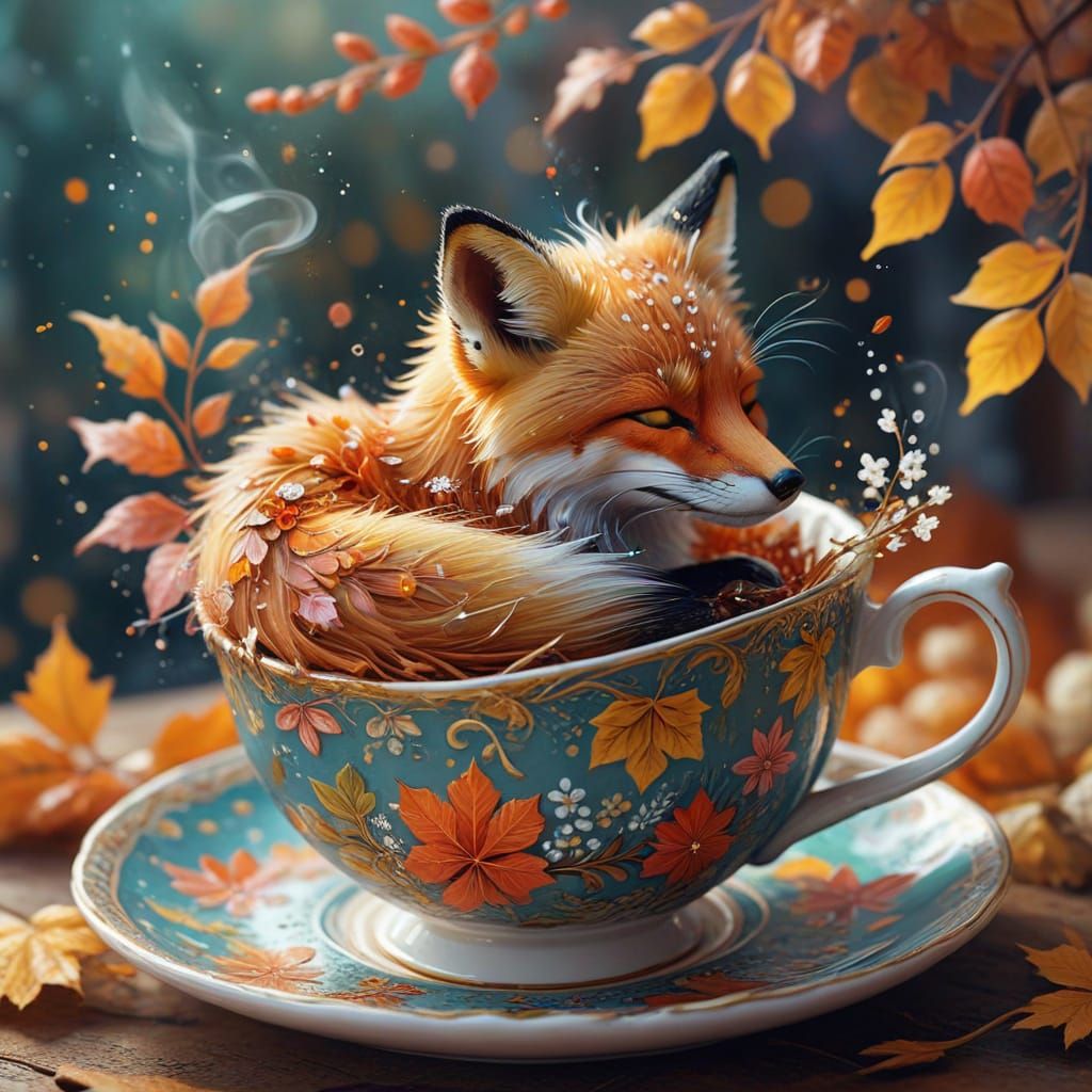 Whimsical Fox Sleeps in Folk Teacup, Vibrant Digital Art