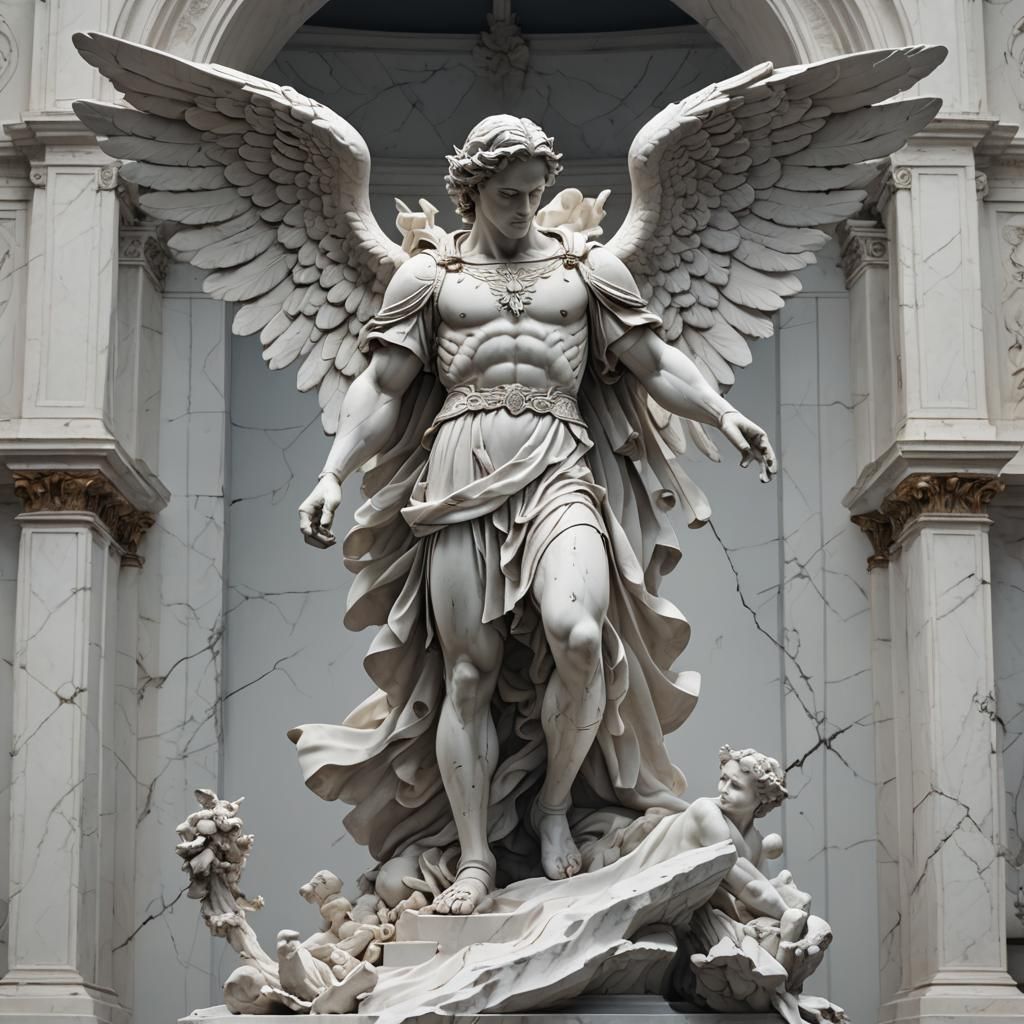 Male Sculptor Creates Angel Statue in White Marble