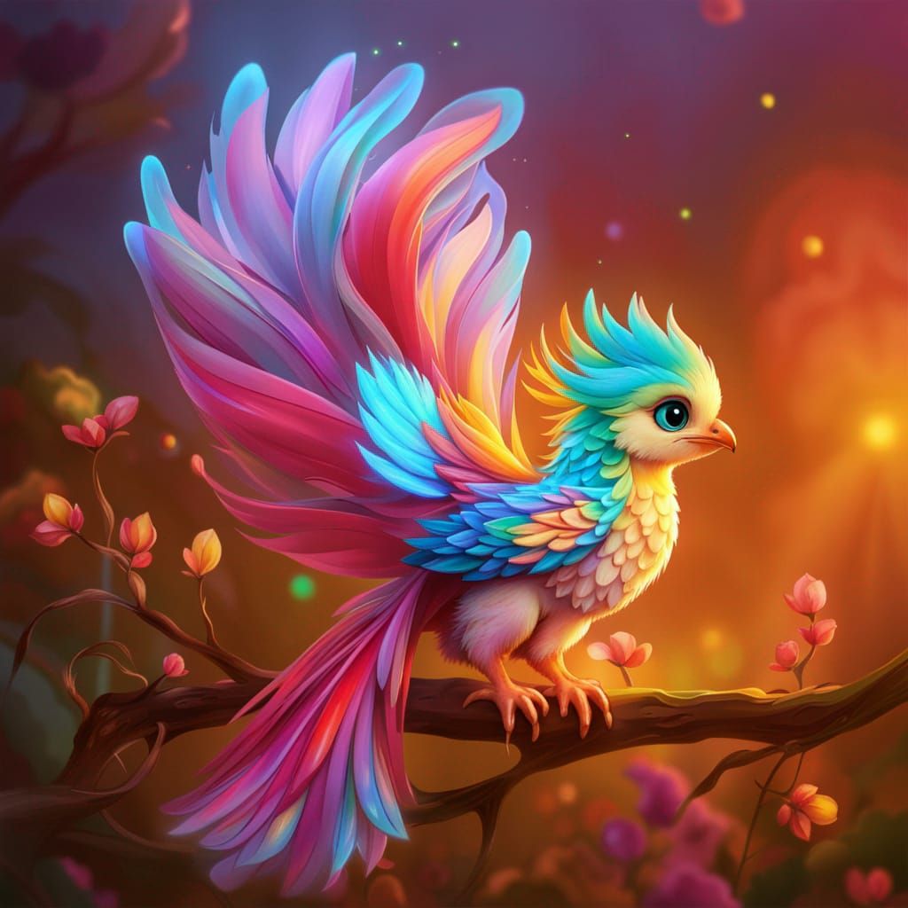 Rainbow Phoenix Chick in Art Nouveau Style