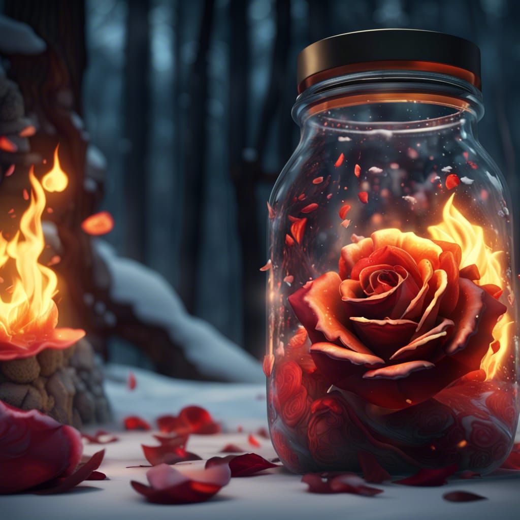 Flaming Rose in Winter Forest, Hyperrealistic Wildlife Photo...