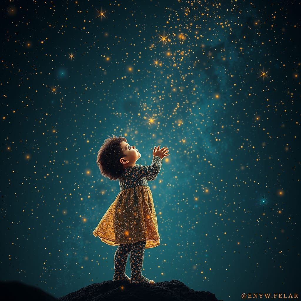 Child Reaching for Stardust in Pointillist Dreamscape