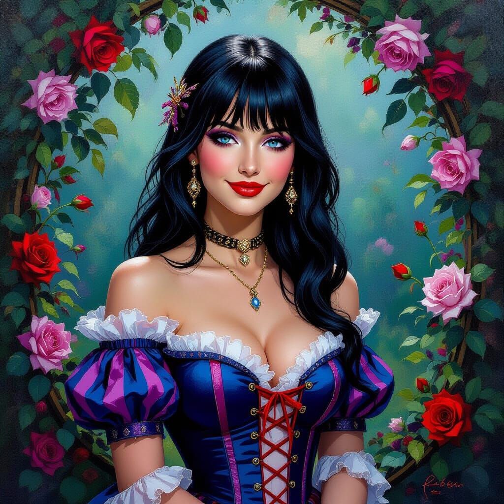 Woman in Rococo Dress in Gothic Garden Oil Painting