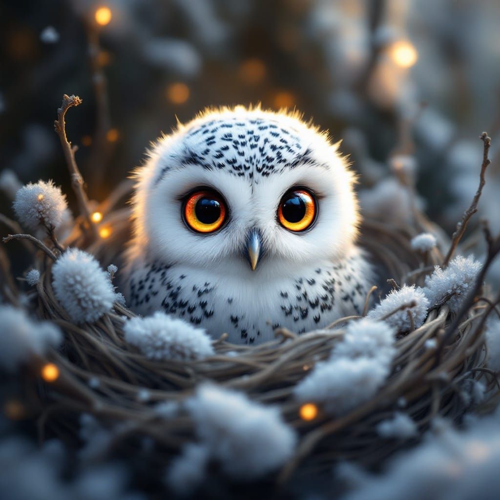 Adorable Snowy Owl in Cozy Nest, Fantasy Art