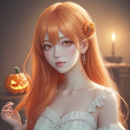 Moe Anime Girl in Halloween Dress with Jack-o'-Lanterns