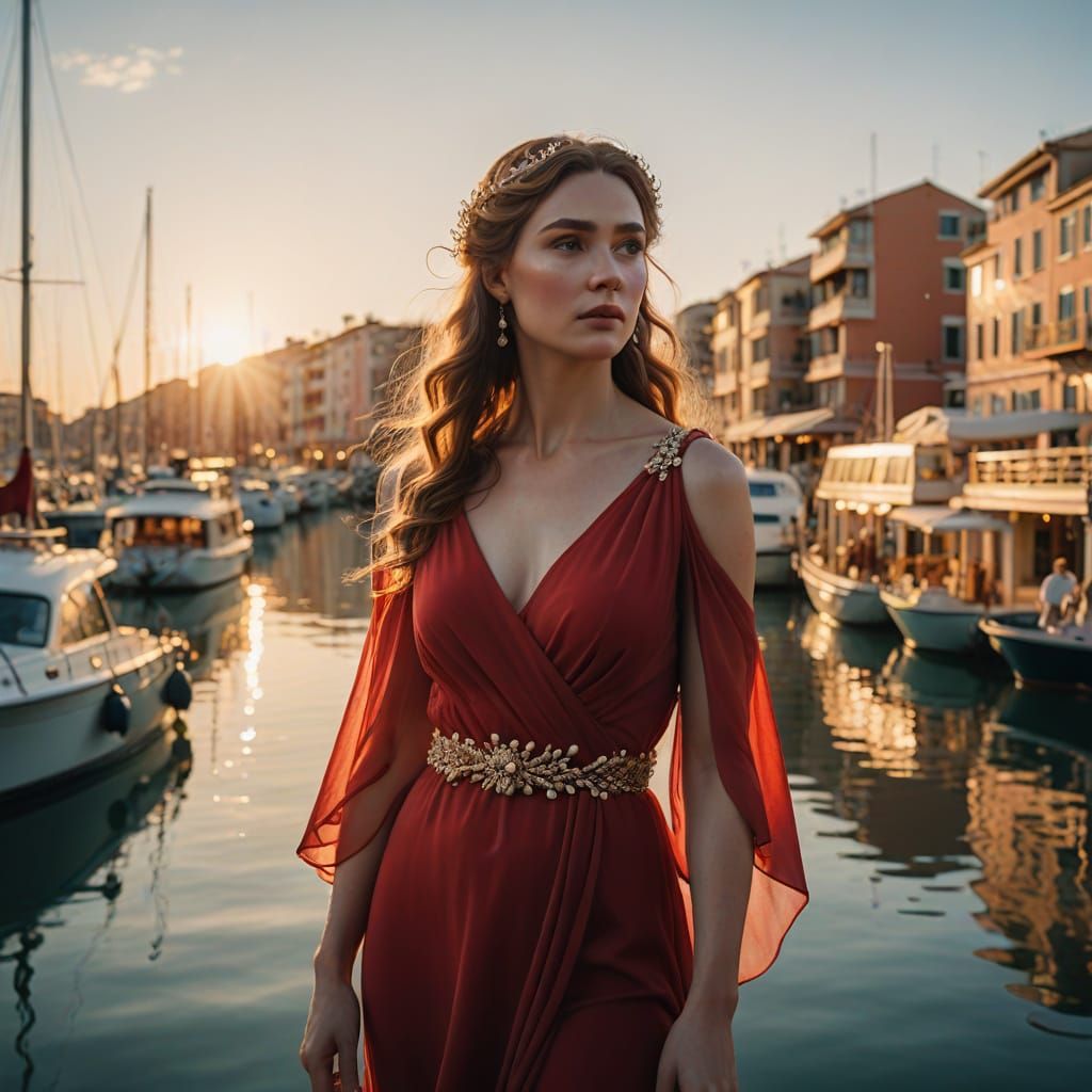 Goddess of Love in Red Finery Amidst Marina Splendor