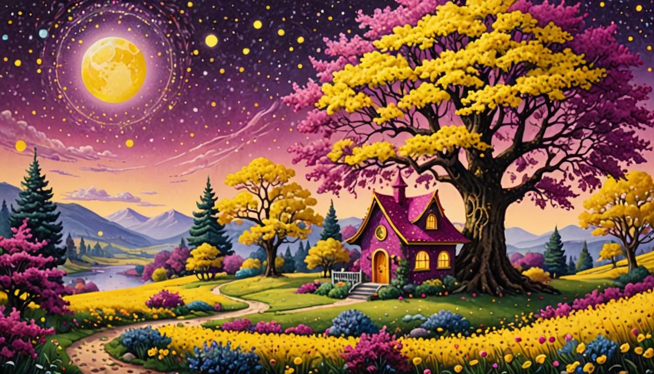Pointillist Fairy Landscape with Magenta Tree