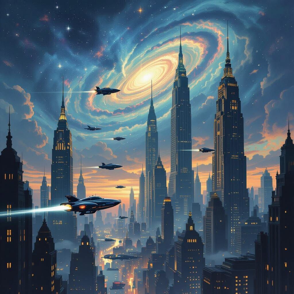 Retro-Futuristic Cityscape at Twilight in Matte Painting Sty...