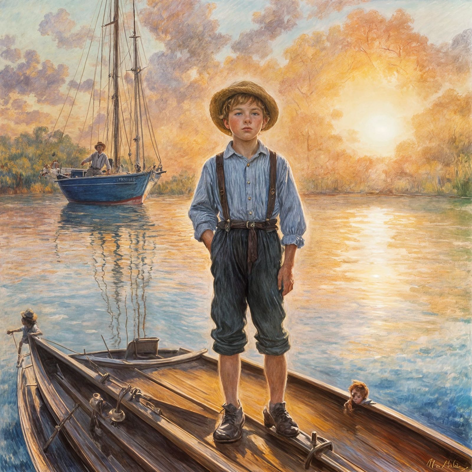 Boy in Elegant Sailboat Scene with Sunrise Colors