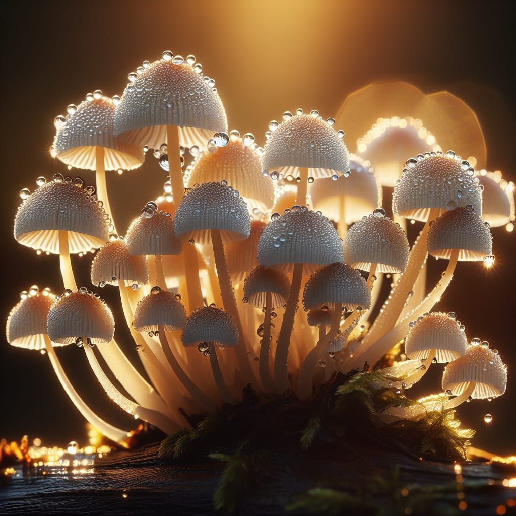 Dewdrop Mushrooms in Golden Hour Light