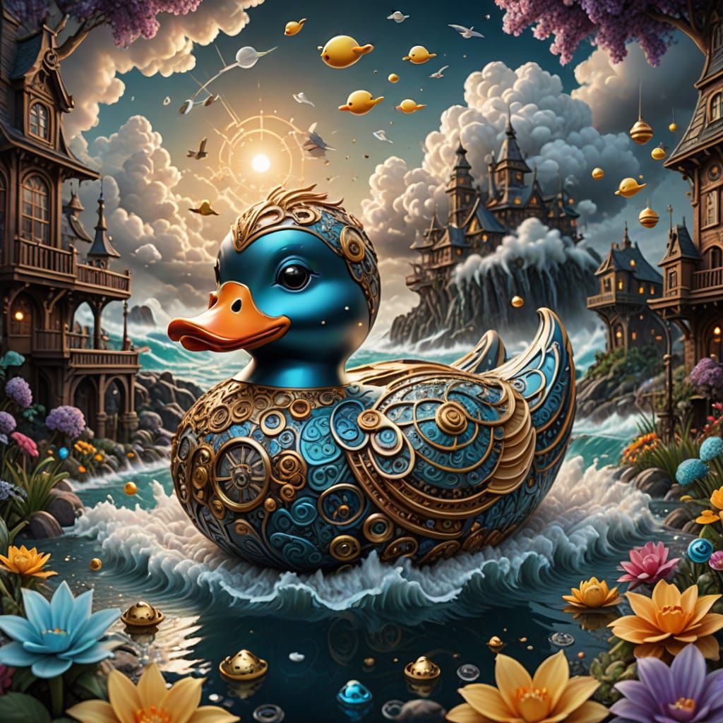 Ethereal Steampunk Rubber Duck in Cosmic Haze