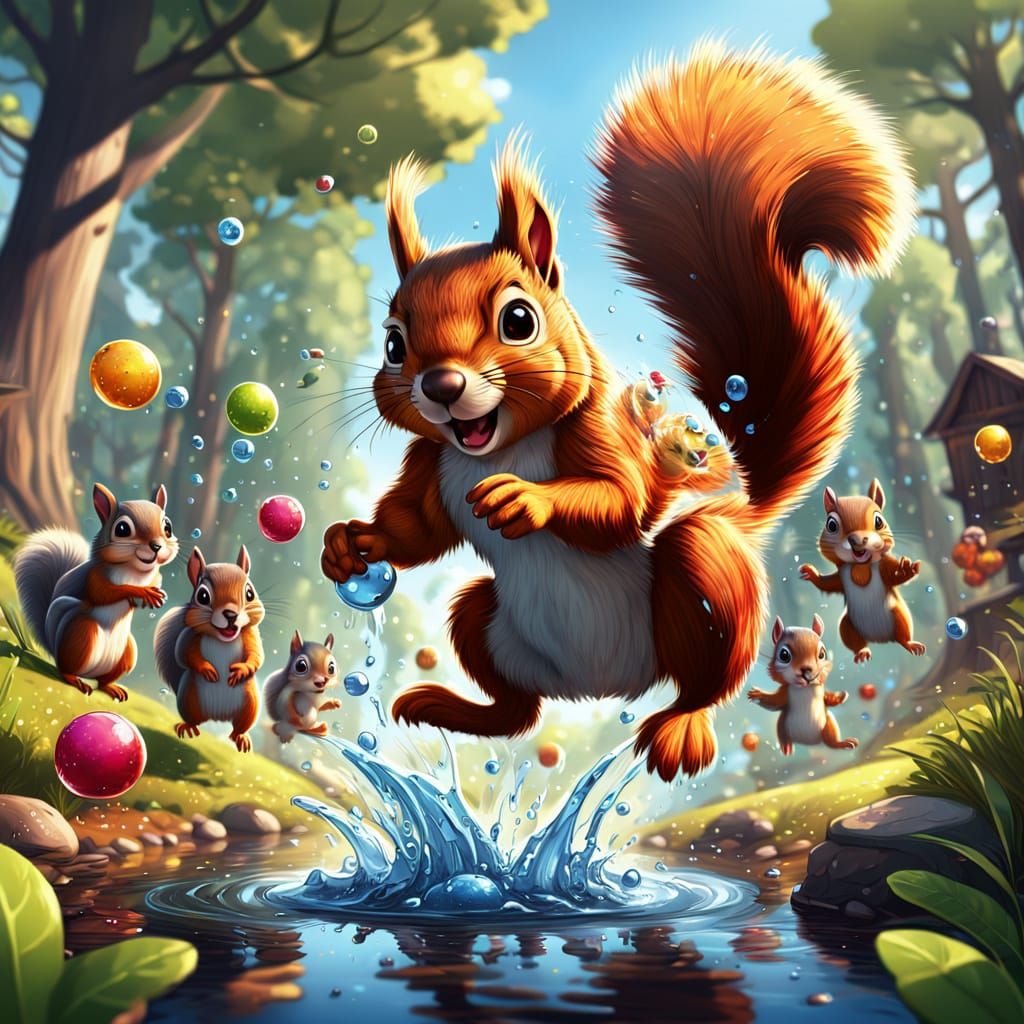 Squirrel's Water Bomb Fun: Vibrant Digital Art