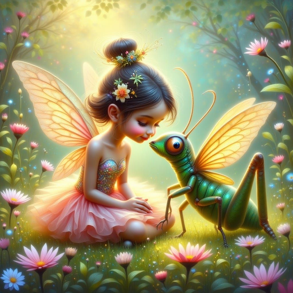 Fairy Whispering to Grasshopper in Flowery Glade