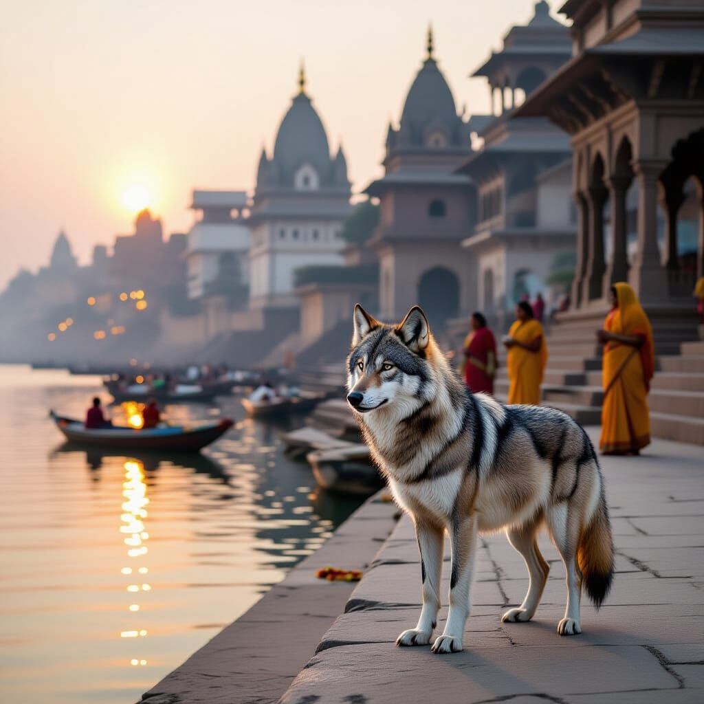 Silver Wolf on Varanasi Ghat at Dawn in Flux Schnell Style