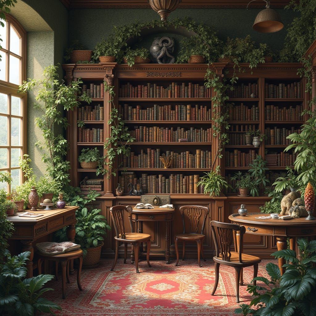 Victorian Library Embraced by Nature in Painterly Style