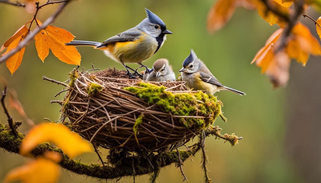 Titmouse and Chicks in Twig Nest, Autumn Colors