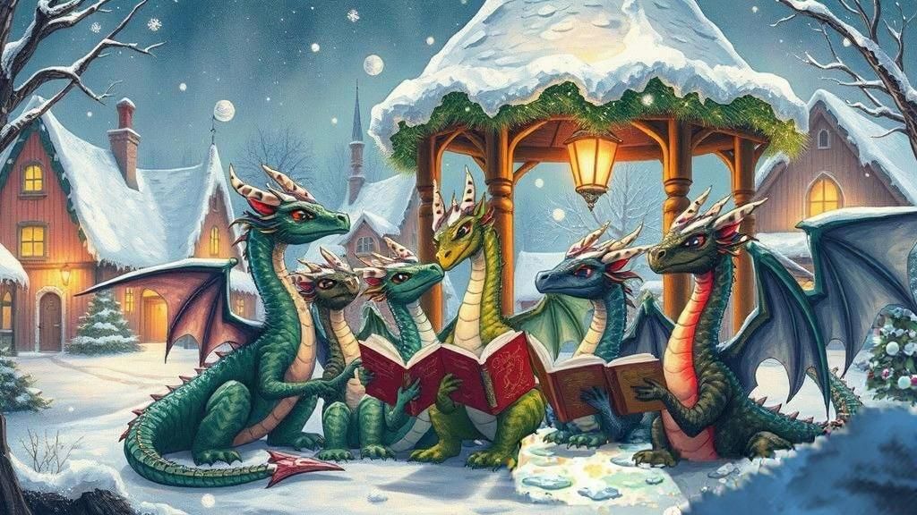 Christmas Caroling Dragons in Snowy Village