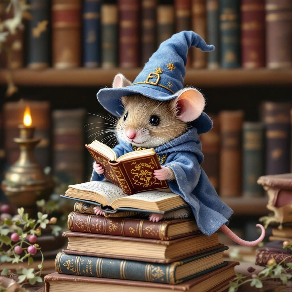 Whimsical Mouse Wizard Reading Spellbook