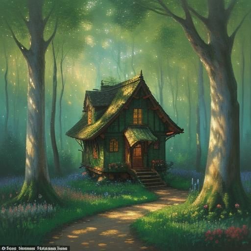 Enchanted Mushroom House in Forest, Impressionist Style