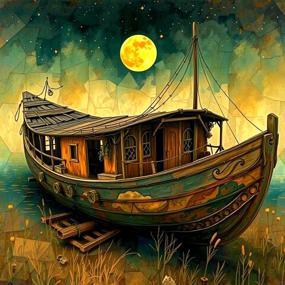 Fantastical Gypsy Boat on Starry Night in Watercolor