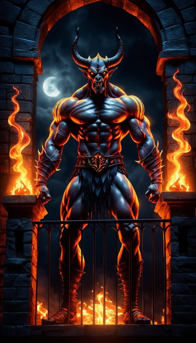 Fiery Balor Demon on Dark Castle Balcony