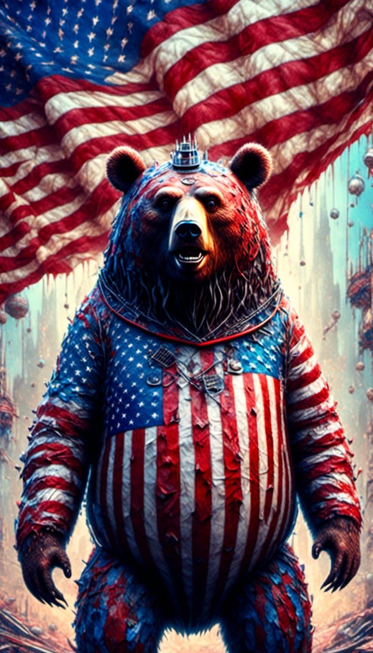 Psychedelic Steampunk Cyborg Bear with USA Flag