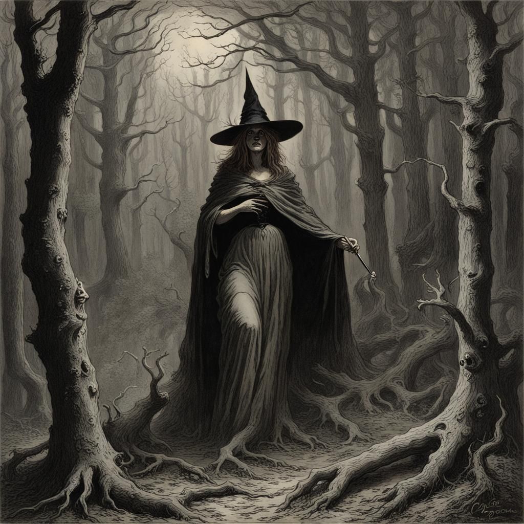 Eerie Forest Witch in Horror Illustration Style