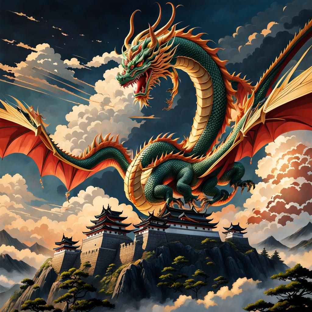 Ancient Dragon Over Japanese Castle