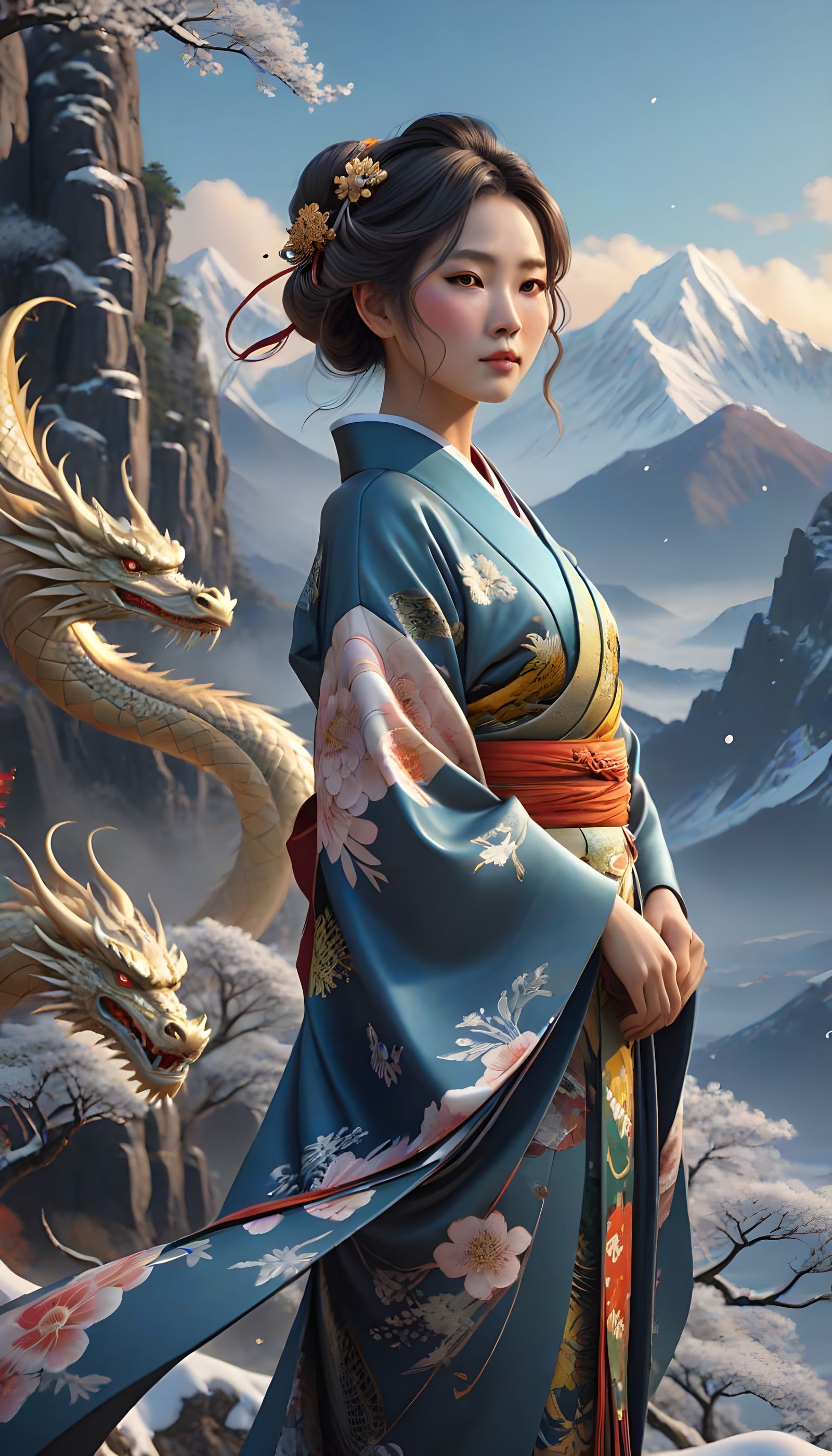 Dazzling Kimono Maiden Amid Snowy Peaks with Dragon soar