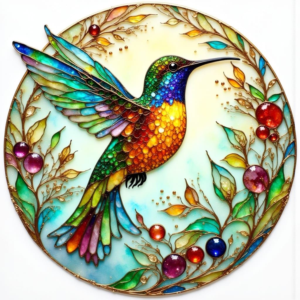 Luminous Stained-Glass Hummingbird Over Autumn Berries