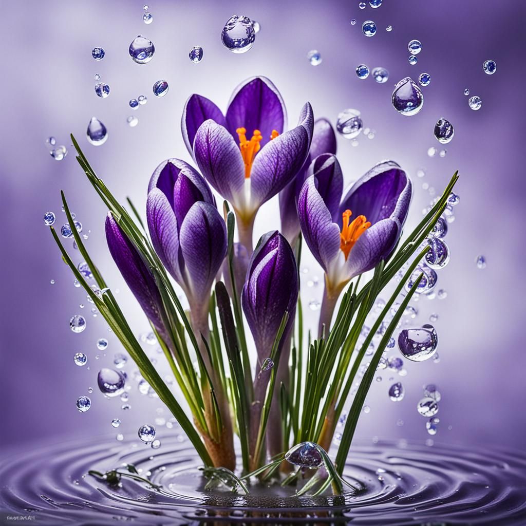 Crocuses Reflected in Water Droplet Macro Photograph